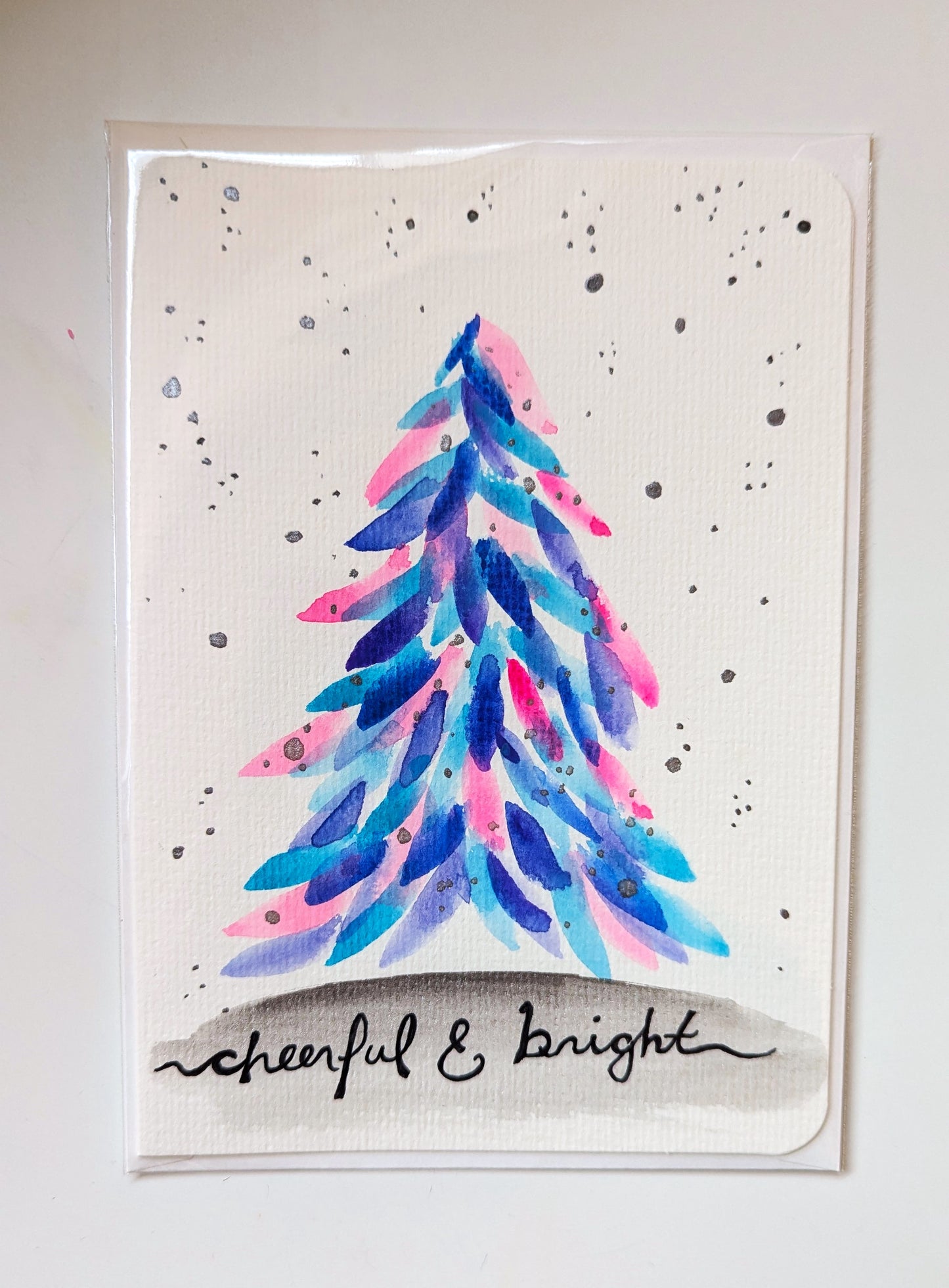 Christmas Card - Pink, Blue, Purple Christmas Tree, Cheerful and Bright, Hand Painted, Blank Inside