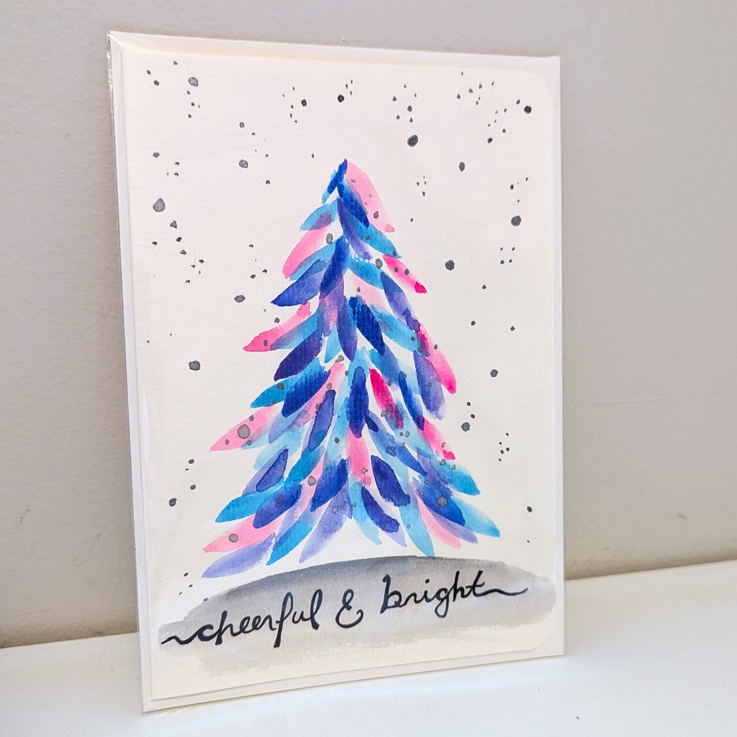 Christmas Card - Pink, Blue, Purple Christmas Tree, Cheerful and Bright, Hand Painted, Blank Inside