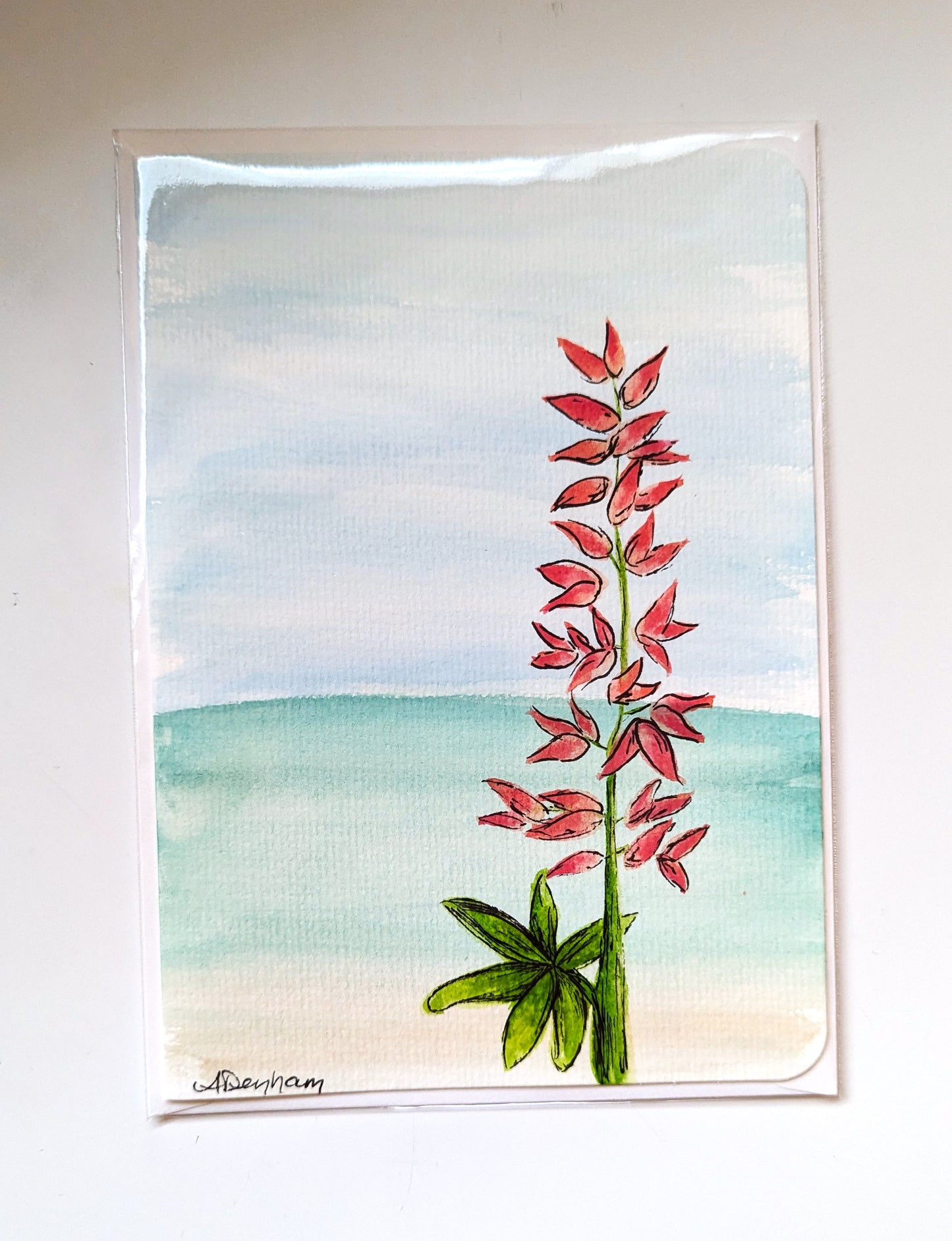 Greeting Card - Pink Lupin Flower with soft Ocean Background