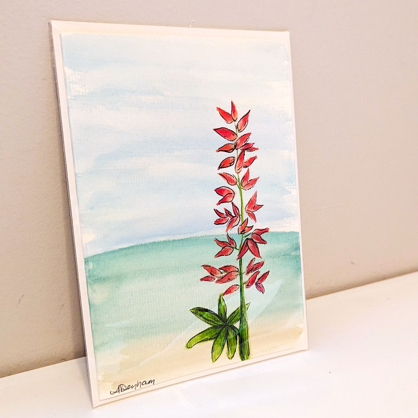 Greeting Card - Pink Lupin Flower with soft Ocean Background