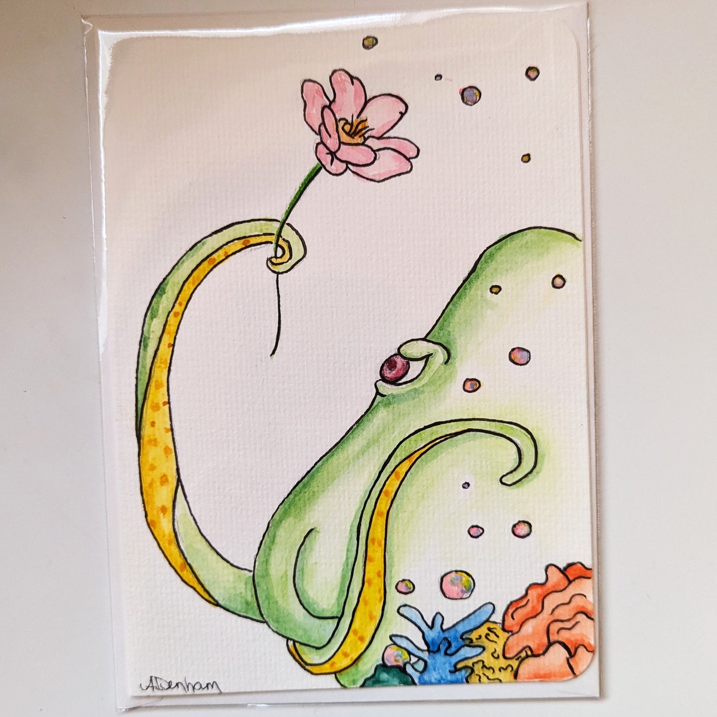 Greeting Card - Curious, Fun Octopus, Hand Painted Watercolor Illustration