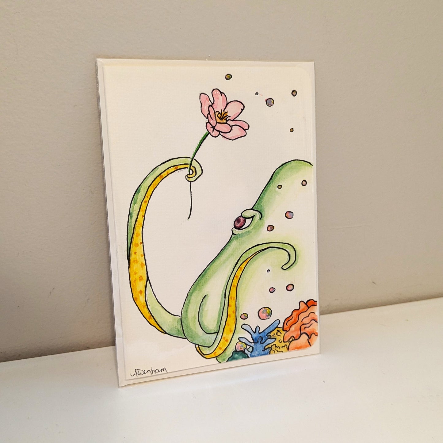 Greeting Card - Curious, Fun Octopus, Hand Painted Watercolor Illustration