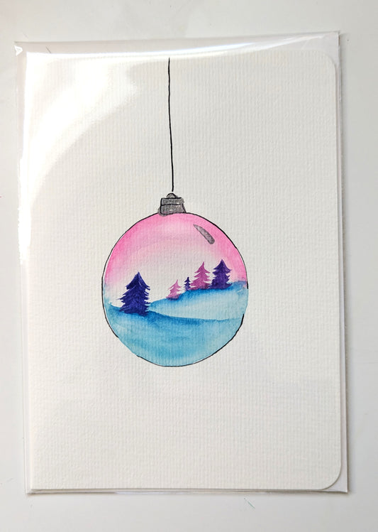 Christmas Card - Pink, Blue, Purple Vintage Winter Scene Bulb Ornament Christmas Card, Hand Painted, Watercolor, Blank Inside