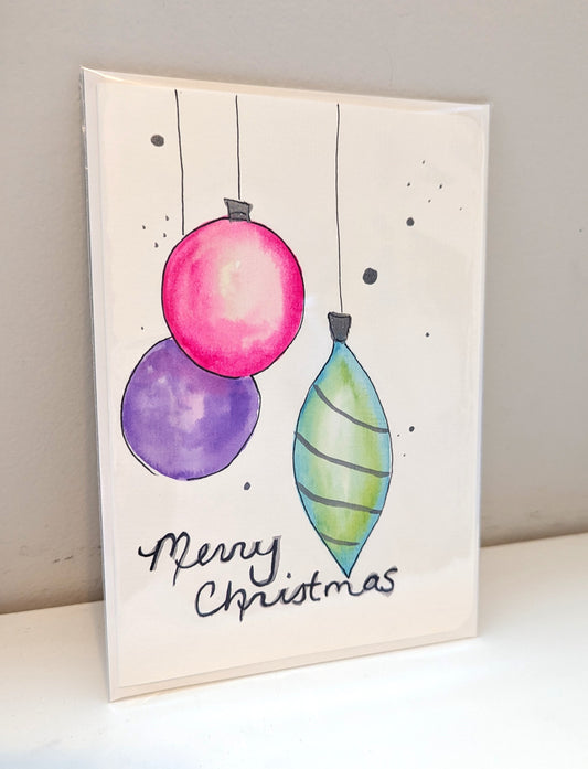 Christmas Card - 3 Hanging Ornament Retro, Pink, Green, Purple, Hand-Painted Watercolor, Blank Inside