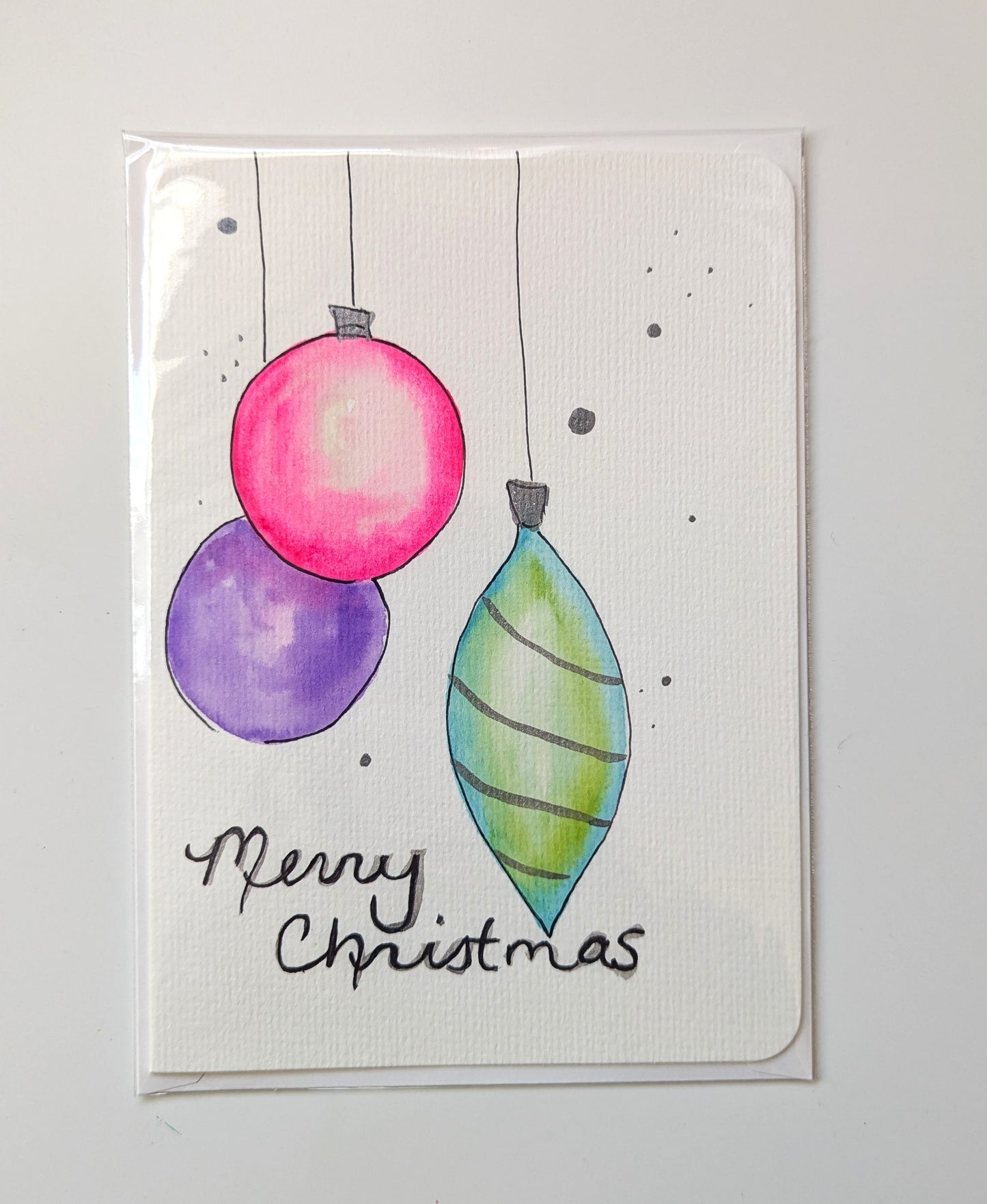 Christmas Card - 3 Hanging Ornament Retro, Pink, Green, Purple, Hand-Painted Watercolor, Blank Inside