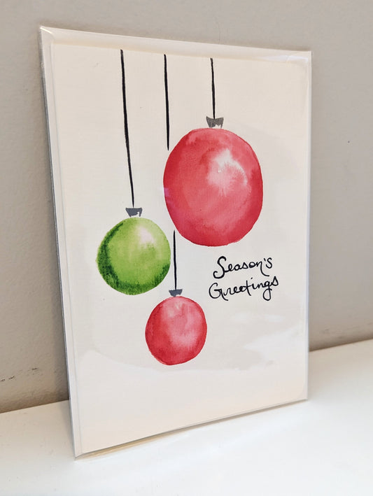 Christmas Card - Season's Greeting red and green holiday ornaments, Hand-Painted watercolor, blank inside