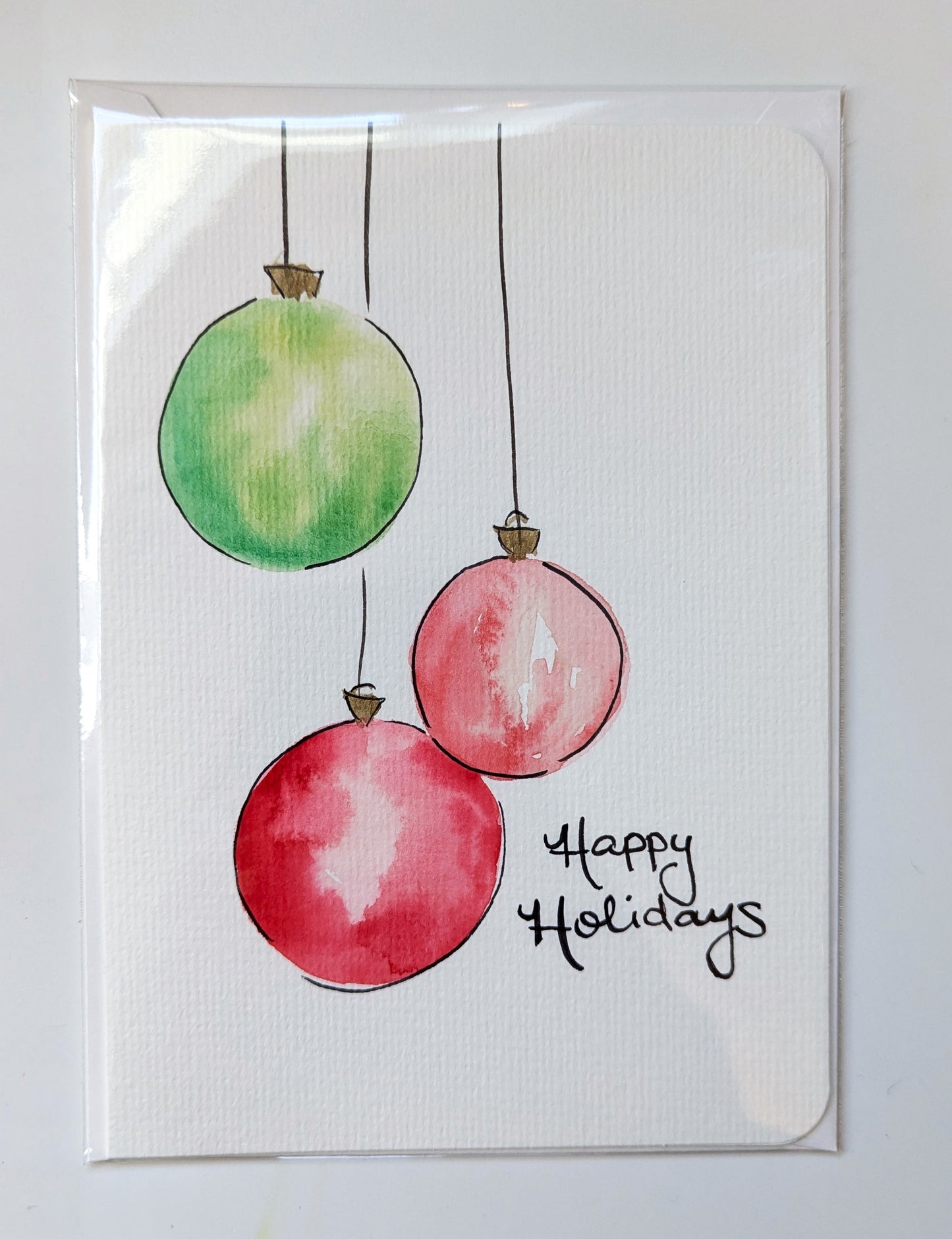 Christmas Card - Happy Holidays Green and Red Hanging Ornaments Card, Hand Painted Watercolor, Blank Inside