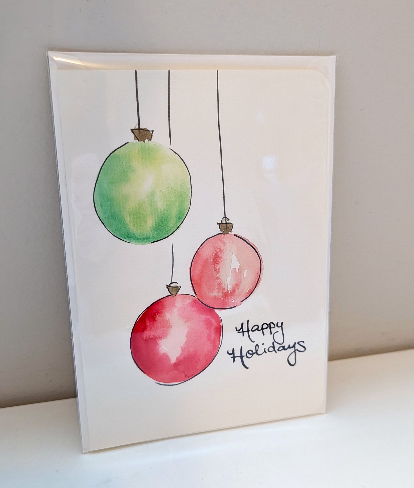 Christmas Card - Happy Holidays Green and Red Hanging Ornaments Card, Hand Painted Watercolor, Blank Inside