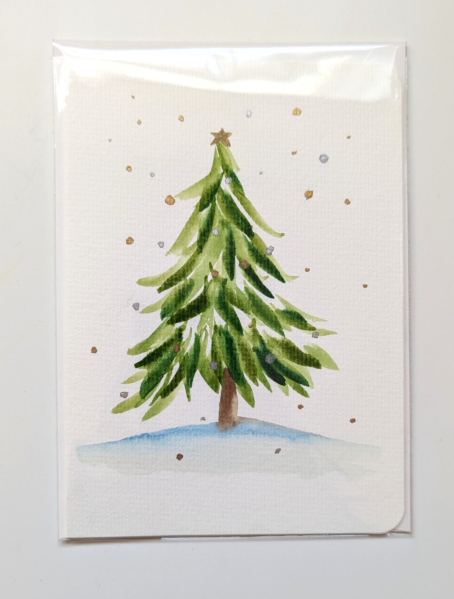 Christmas Card - Simple Green Christmas Tree with Gold and Silver Flakes, Hand-Painted Watercolor, Blank inside