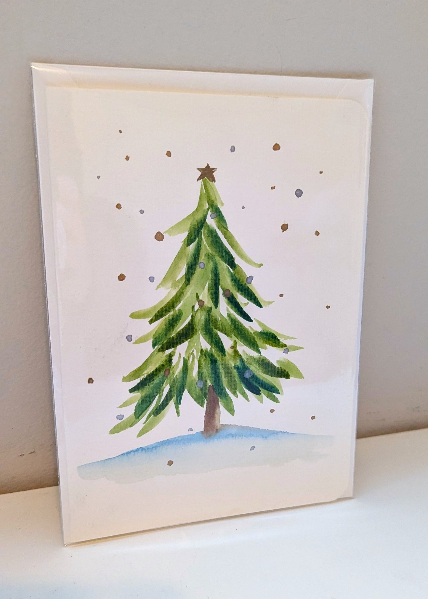 Christmas Card - Simple Green Christmas Tree with Gold and Silver Flakes, Hand-Painted Watercolor, Blank inside