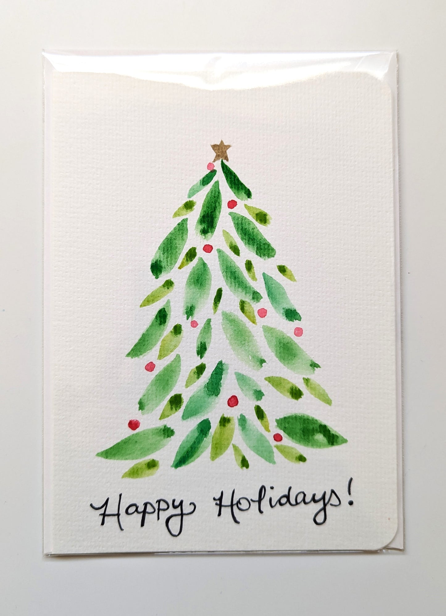 Christmas Card - Abstract green and red Christmas tree, Happy Holidays card, Hand-Painted Watercolor, Blank Inside