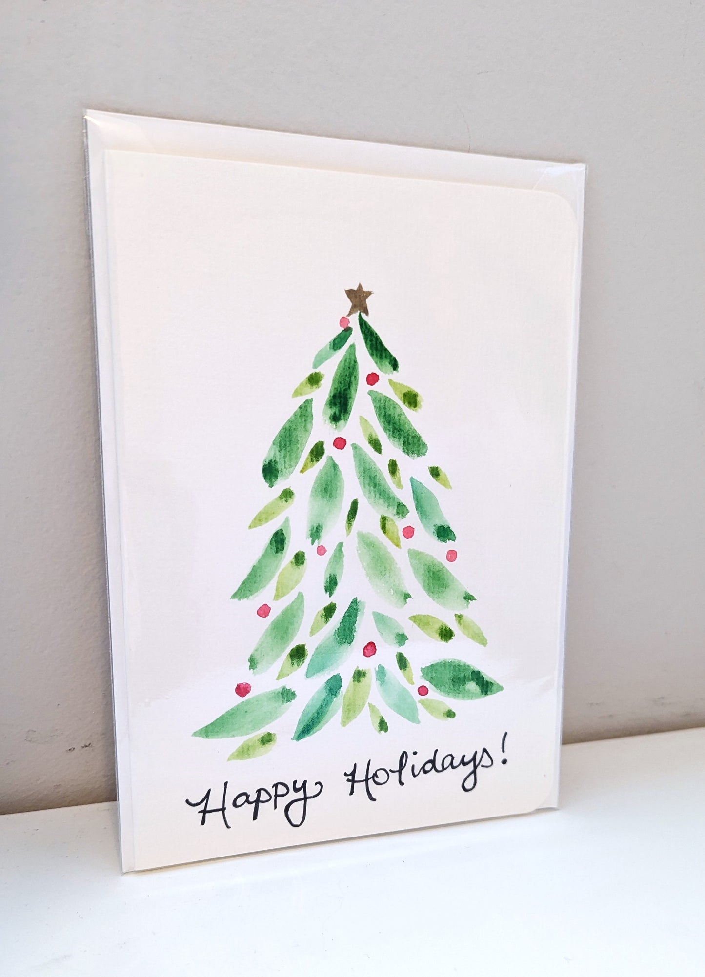 Christmas Card - Abstract green and red Christmas tree, Happy Holidays card, Hand-Painted Watercolor, Blank Inside