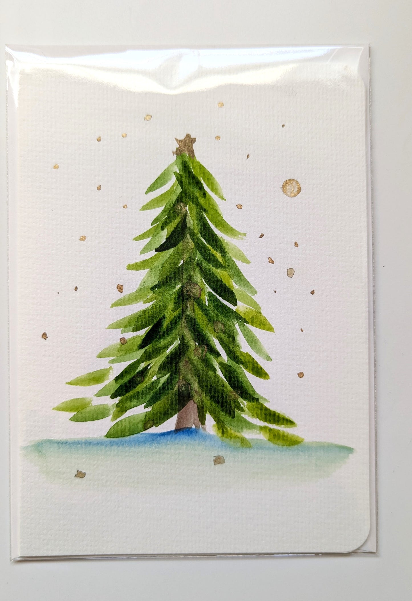 Christmas Card - Evergreen Tree with gold shimmer, Hand Painted Watercolor, Blank Inside