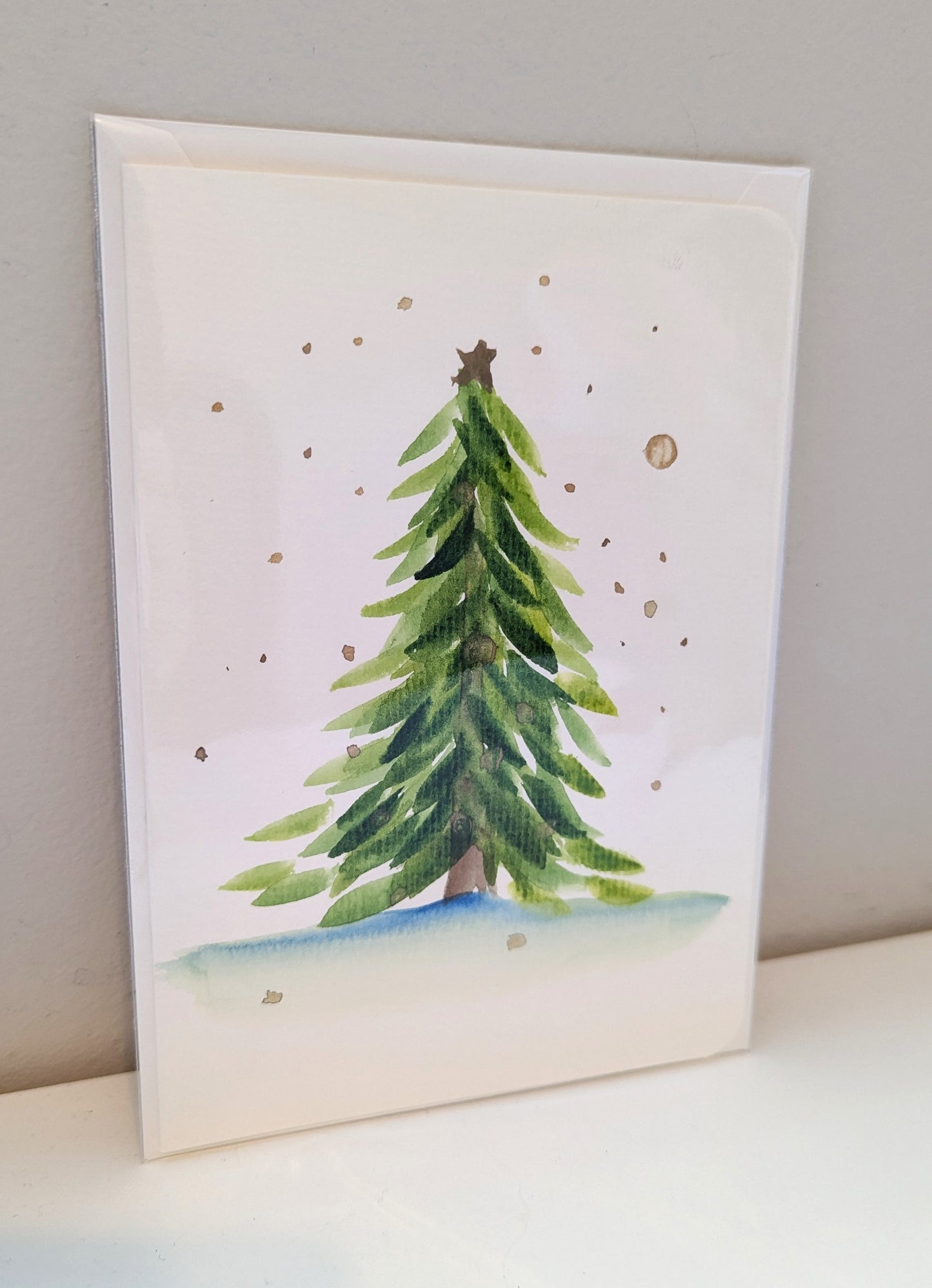 Christmas Card - Evergreen Tree with gold shimmer, Hand Painted Watercolor, Blank Inside