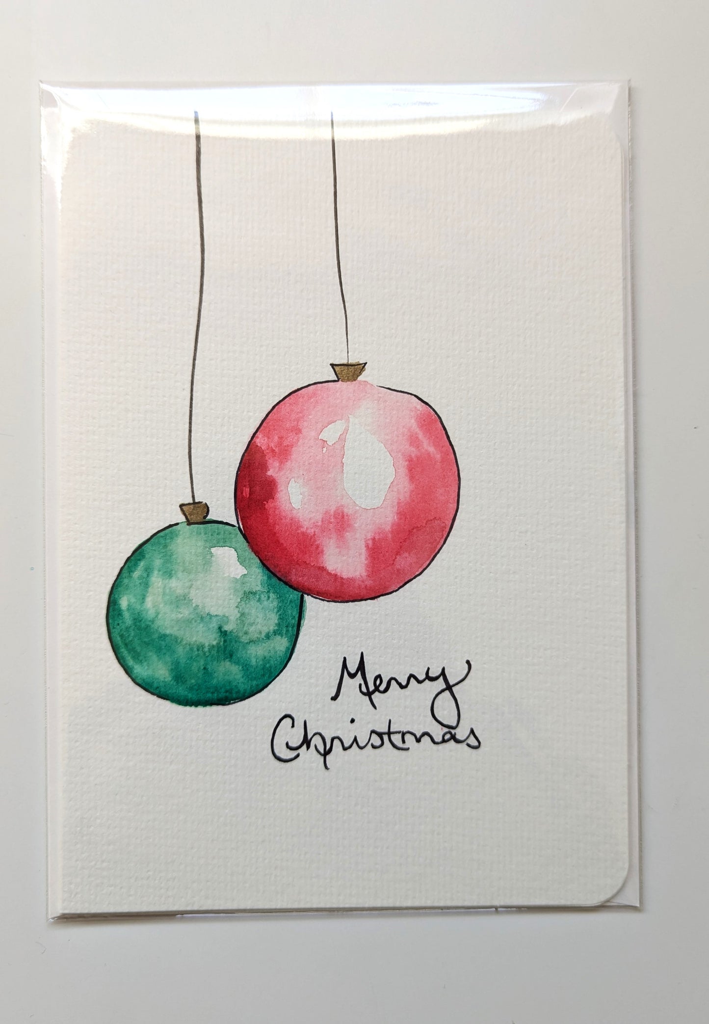 Christmas Card - Red and Green Ornament Christmas Card, Hand Painted Watercolor, Blank Inside