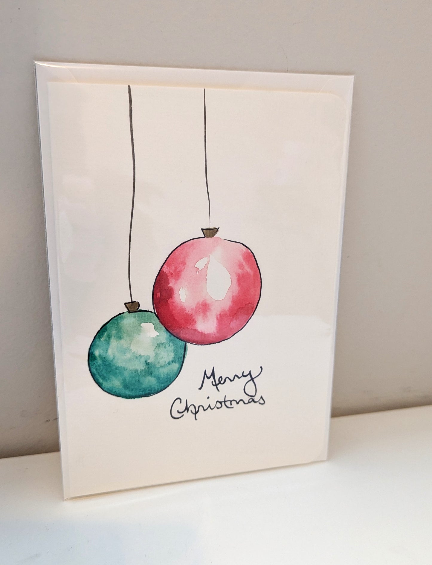 Christmas Card - Red and Green Ornament Christmas Card, Hand Painted Watercolor, Blank Inside