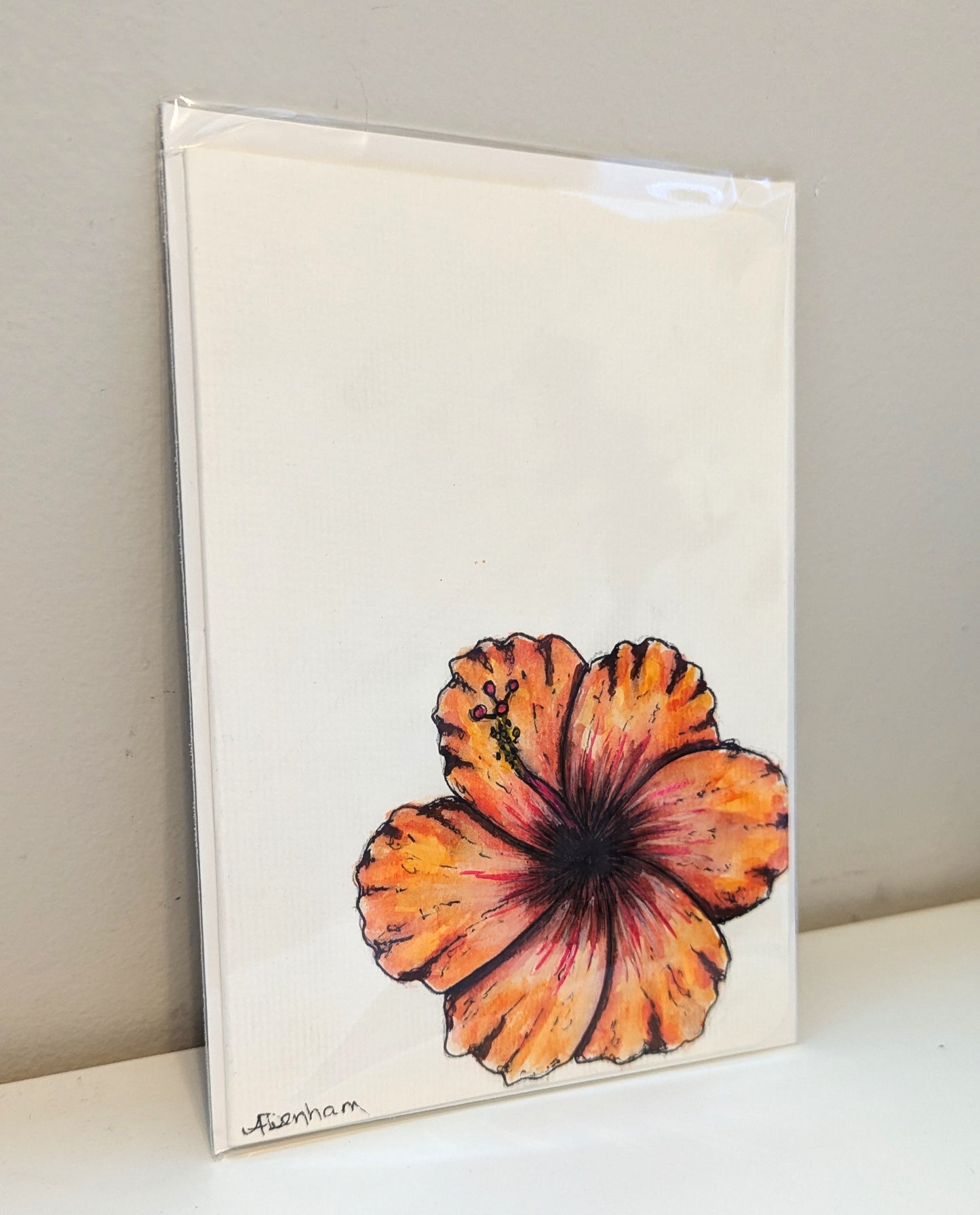 Greeting Card - Orange Hibiscus Flower Watercolor Drawing, Blank Inside