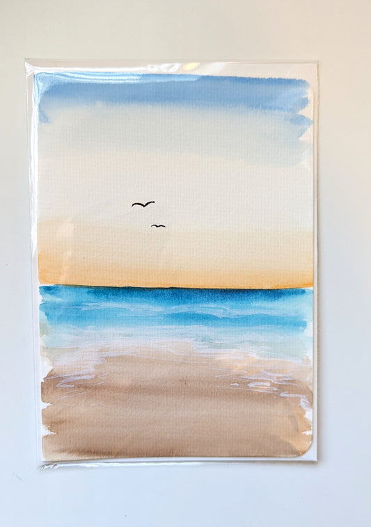 Greeting Card - Soft Sunset Beach Watercolor Painting, Blank Inside