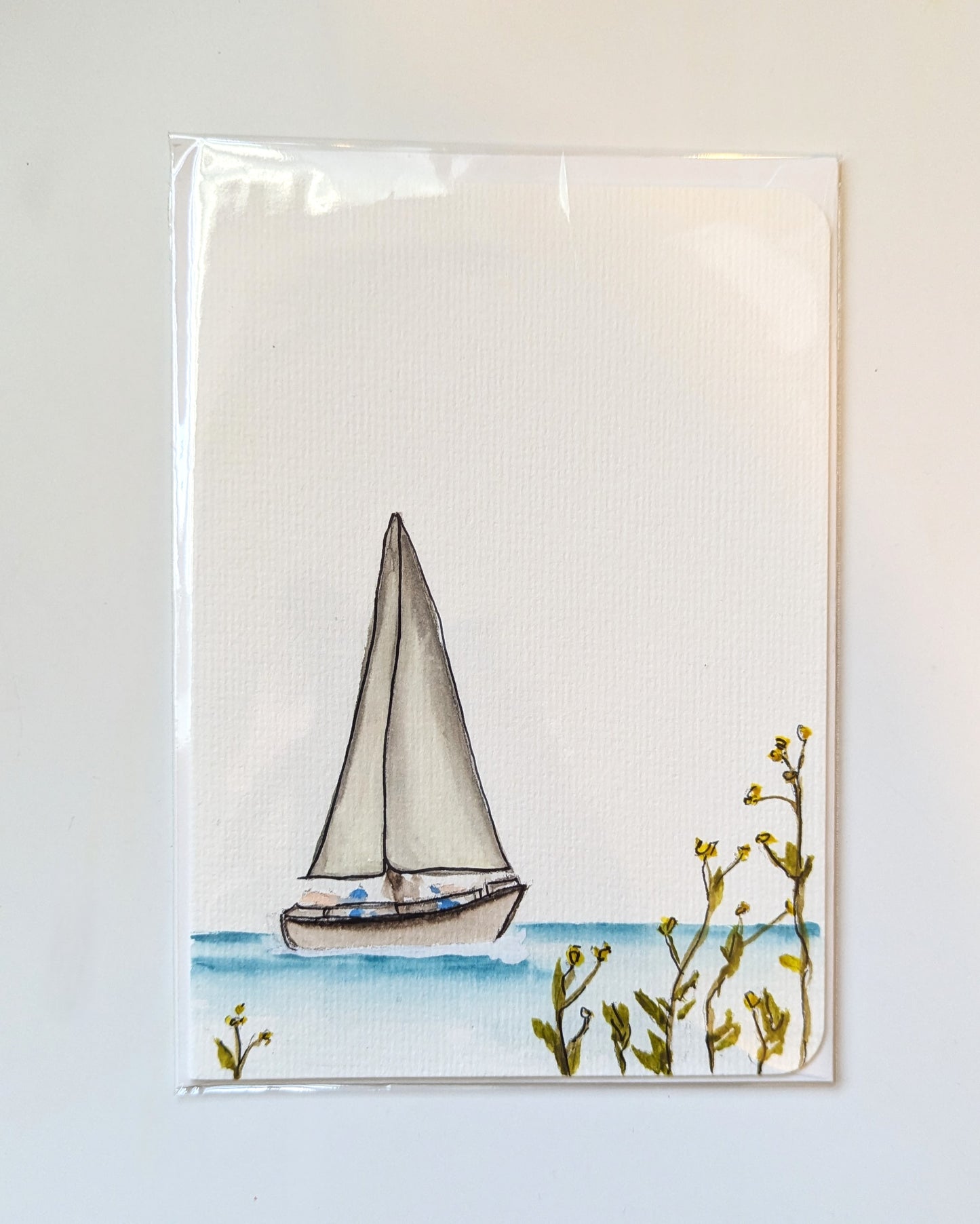 Greeting Card - Sailboat and Wildflowers, Hand-Painted Watercolor, Blank Inside