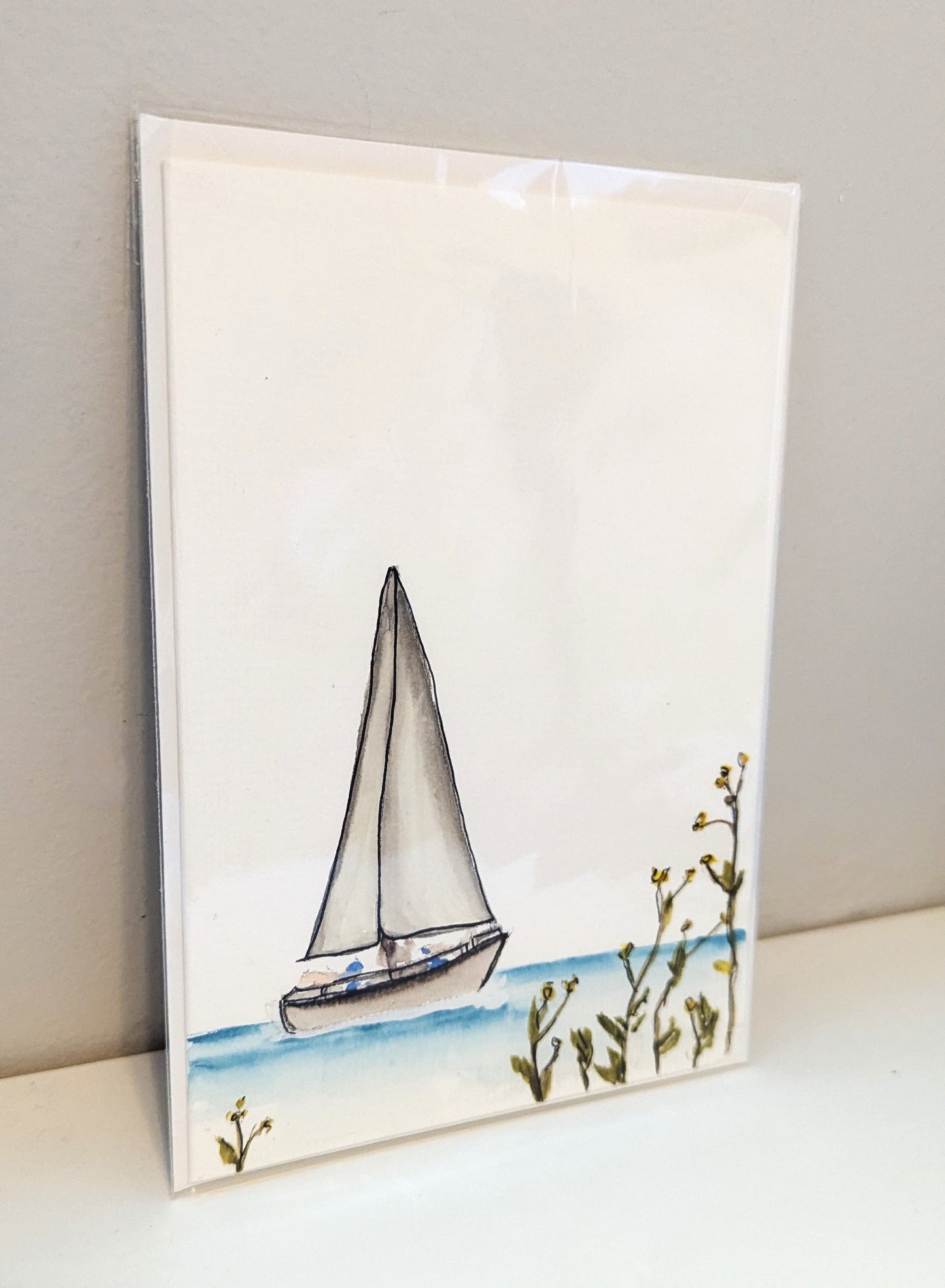 Greeting Card - Sailboat and Wildflowers, Hand-Painted Watercolor, Blank Inside