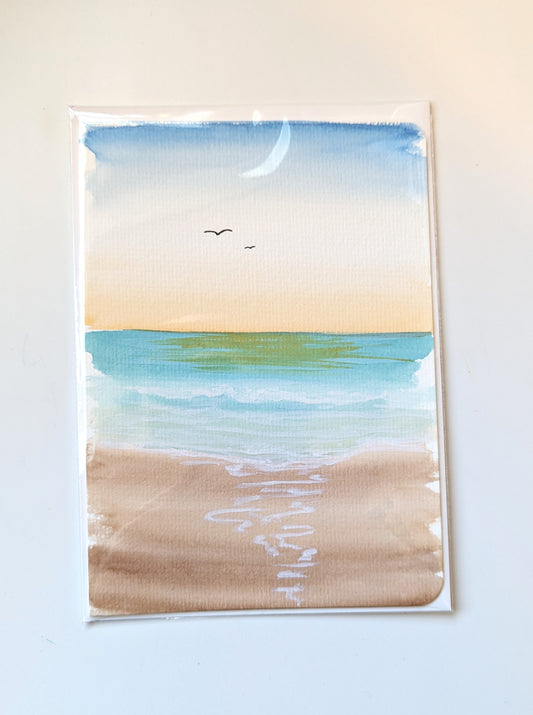 Greeting Card - Gulls as Sunrise on the Beach, Watercolor Painting, Blank Inside