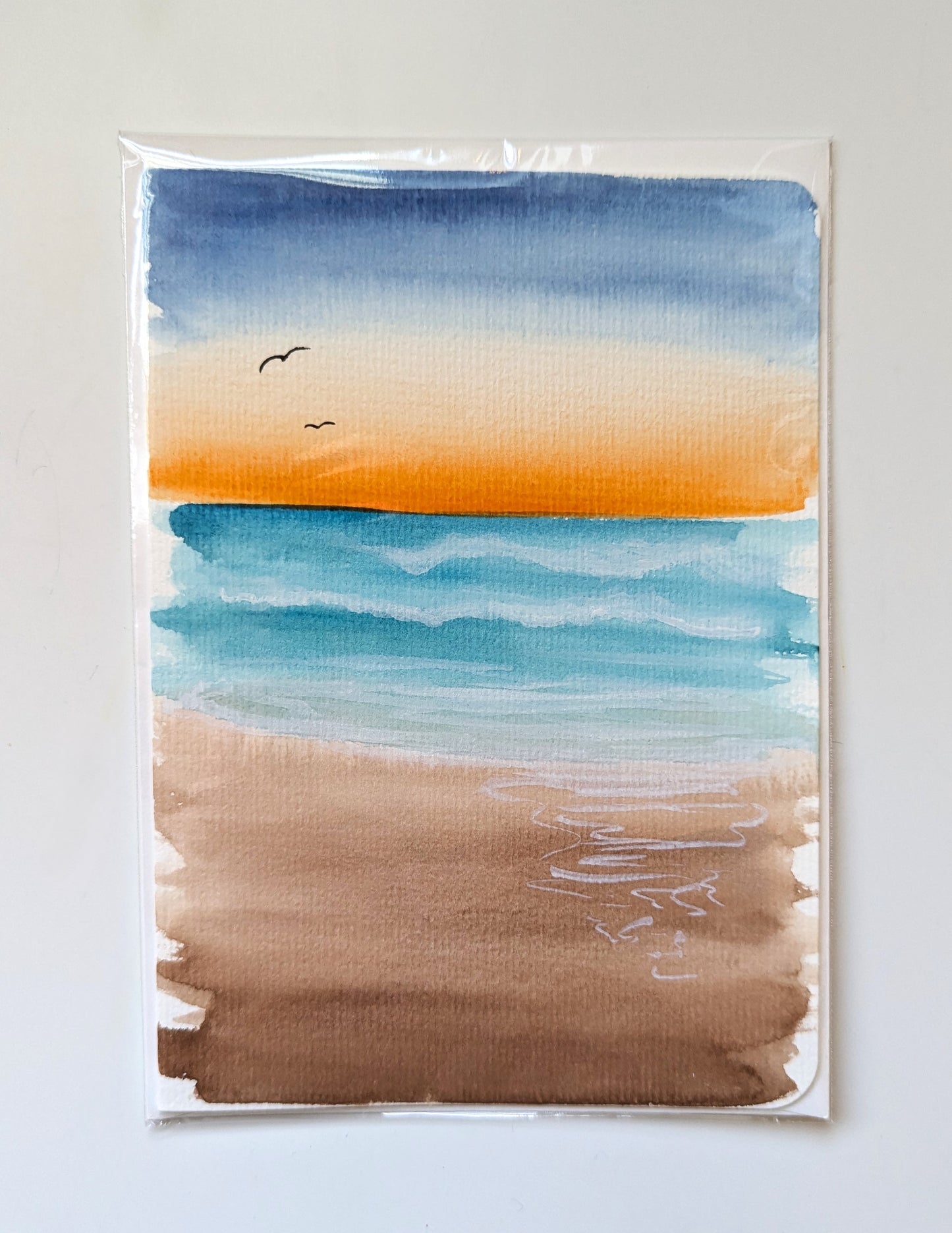 Greeting Card - Seagulls flying in the distance over the ocean, Hand Painted Beach Watercolor, Blank Inside