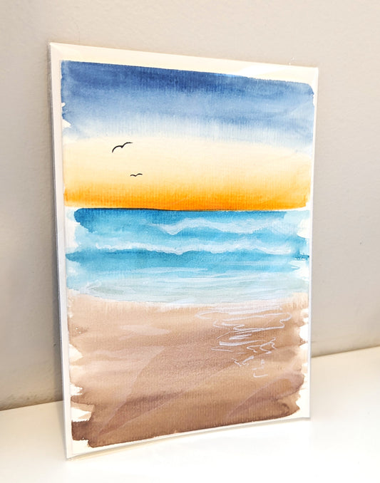 Greeting Card - Seagulls flying in the distance over the ocean, Hand Painted Beach Watercolor, Blank Inside