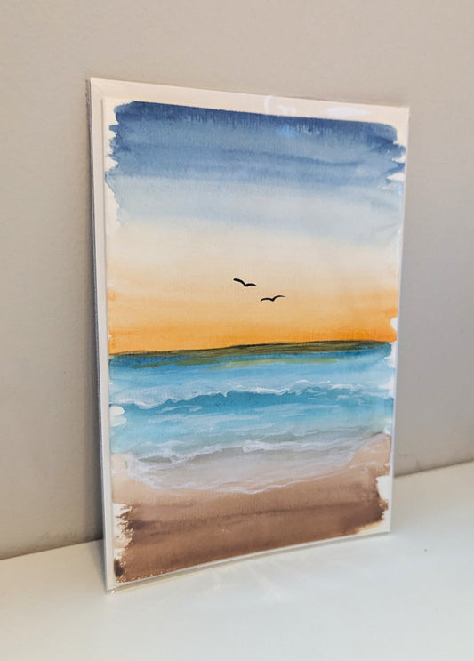 Greeting Card - Sunset Seagulls, Centre, Hand-Painted Watercolor, Blank Inside