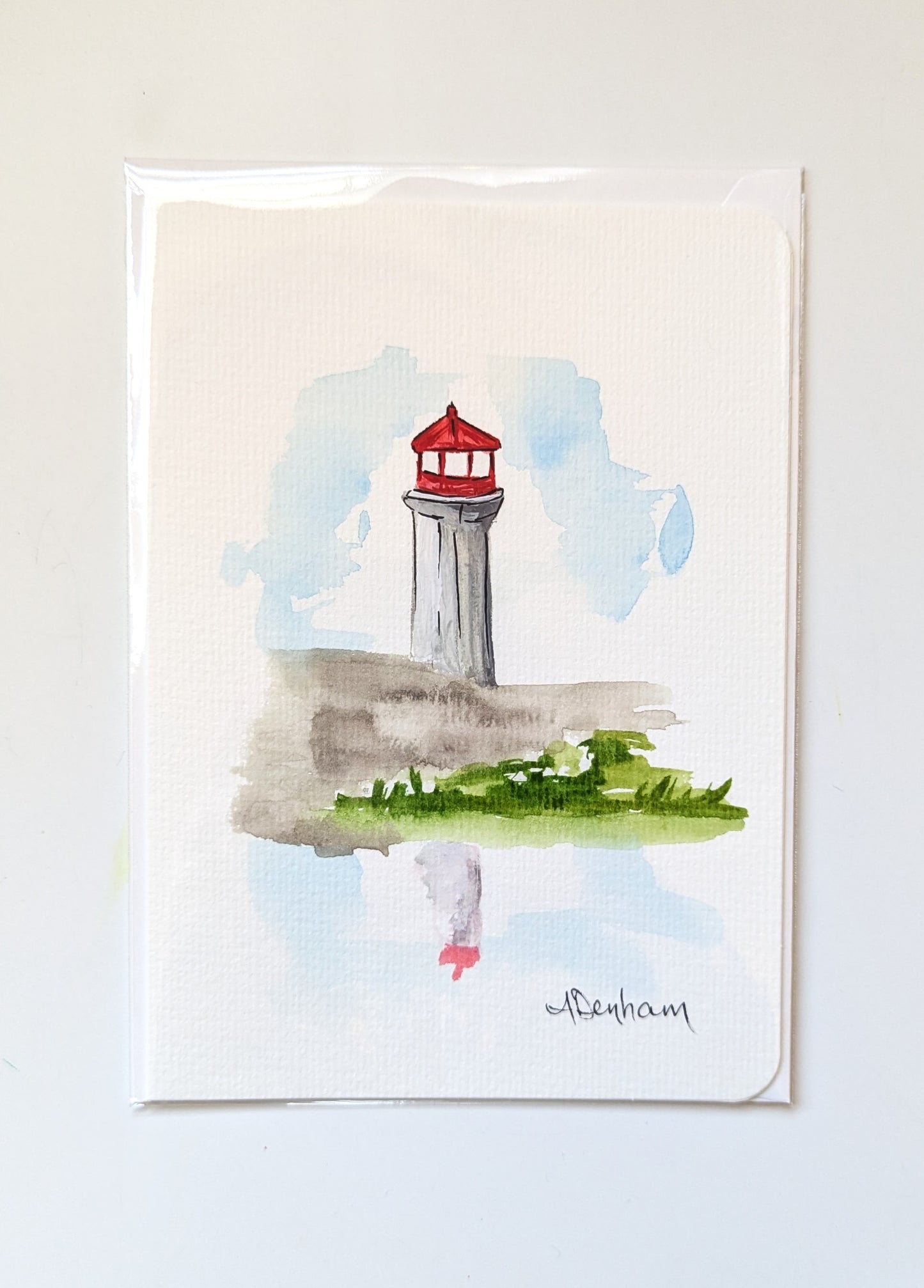 Greeting Card - Peggy's Cove Lighthouse Reflection, Hand-Painted Watercolor, Blank Inside