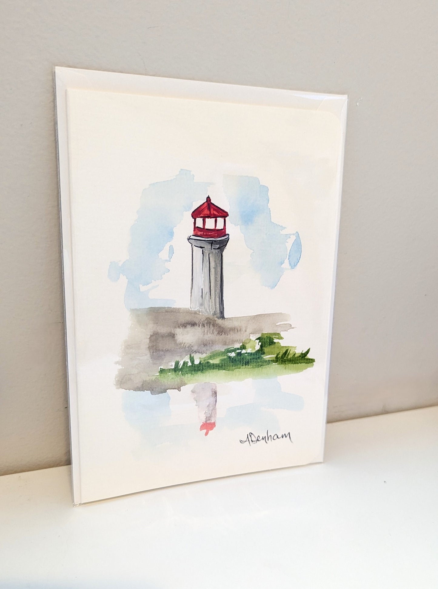 Greeting Card - Peggy's Cove Lighthouse Reflection, Hand-Painted Watercolor, Blank Inside