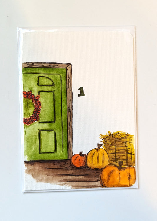 Greeting Card - Autumn Doorstep Pumpkins Hand Painted Watercolor, Blank Inside