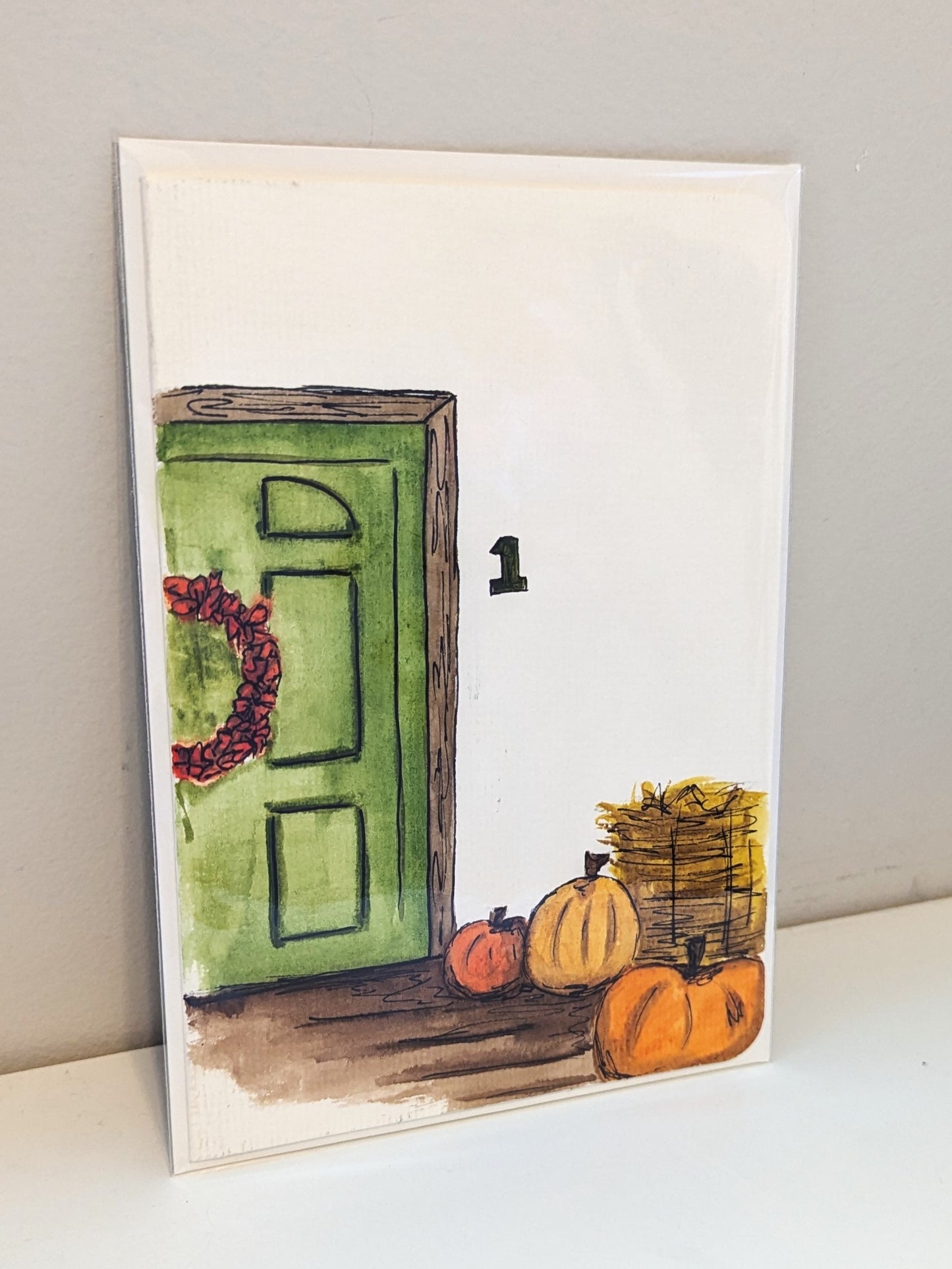 Greeting Card - Autumn Doorstep Pumpkins Hand Painted Watercolor, Blank Inside