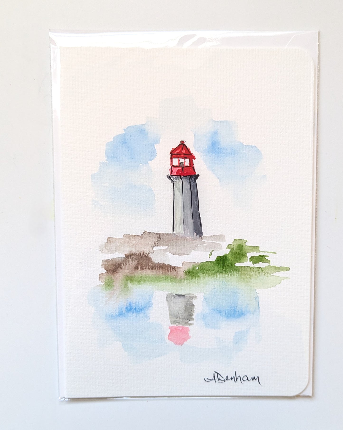 Greeting Card - Peggy's Cove Lighthouse Reflection, Hand-Painted Watercolor, Blank Inside