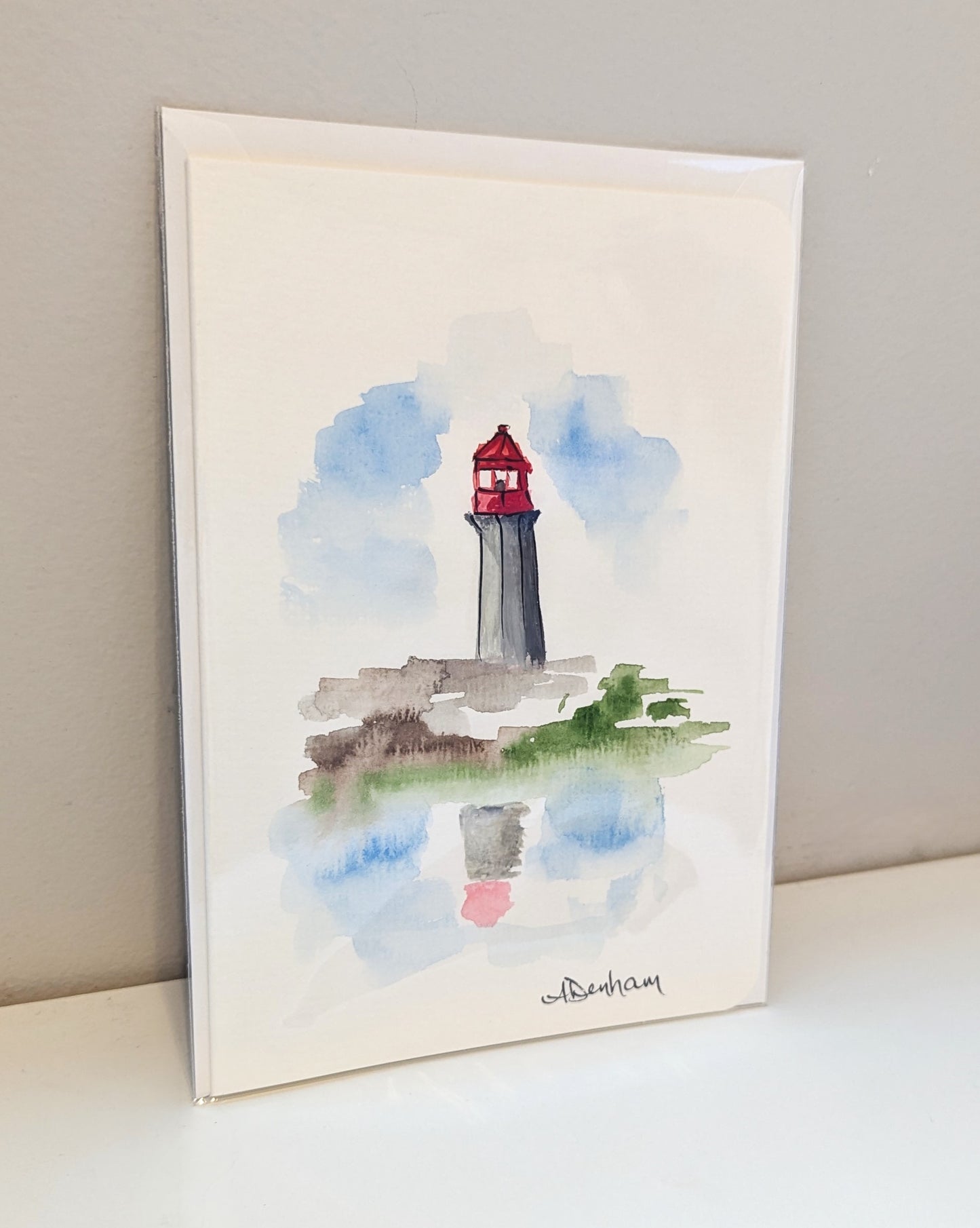 Greeting Card - Peggy's Cove Lighthouse Reflection, Hand-Painted Watercolor, Blank Inside