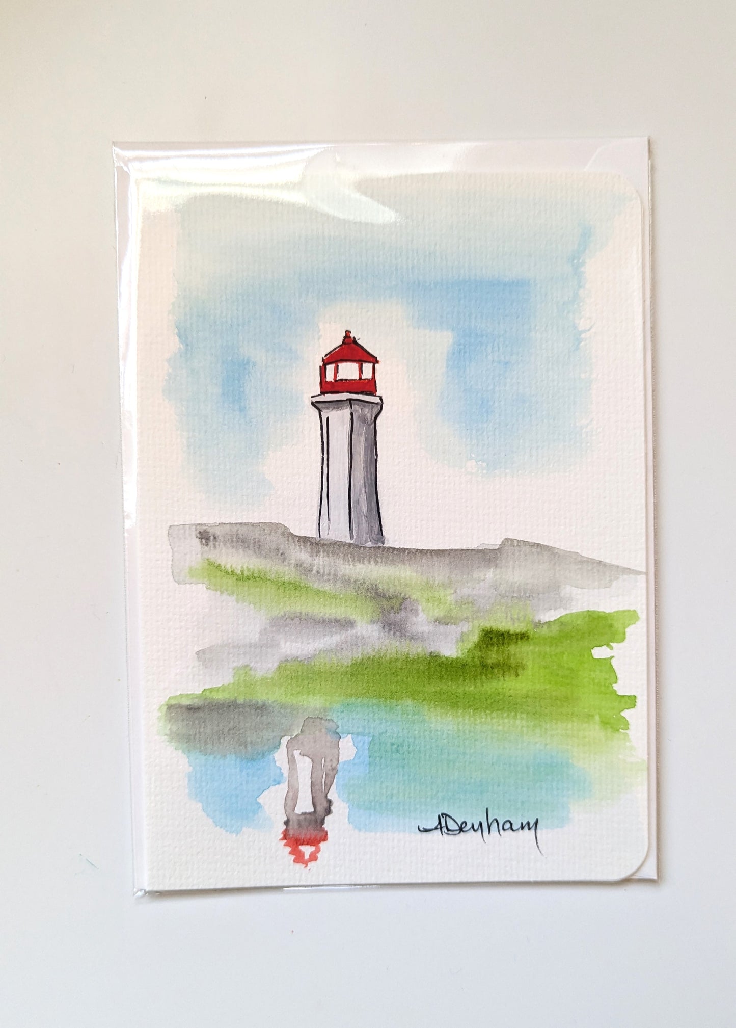 Greeting Card - Peggy's Cove Lighthouse Reflection, Hand-Painted Watercolor, Blank Inside