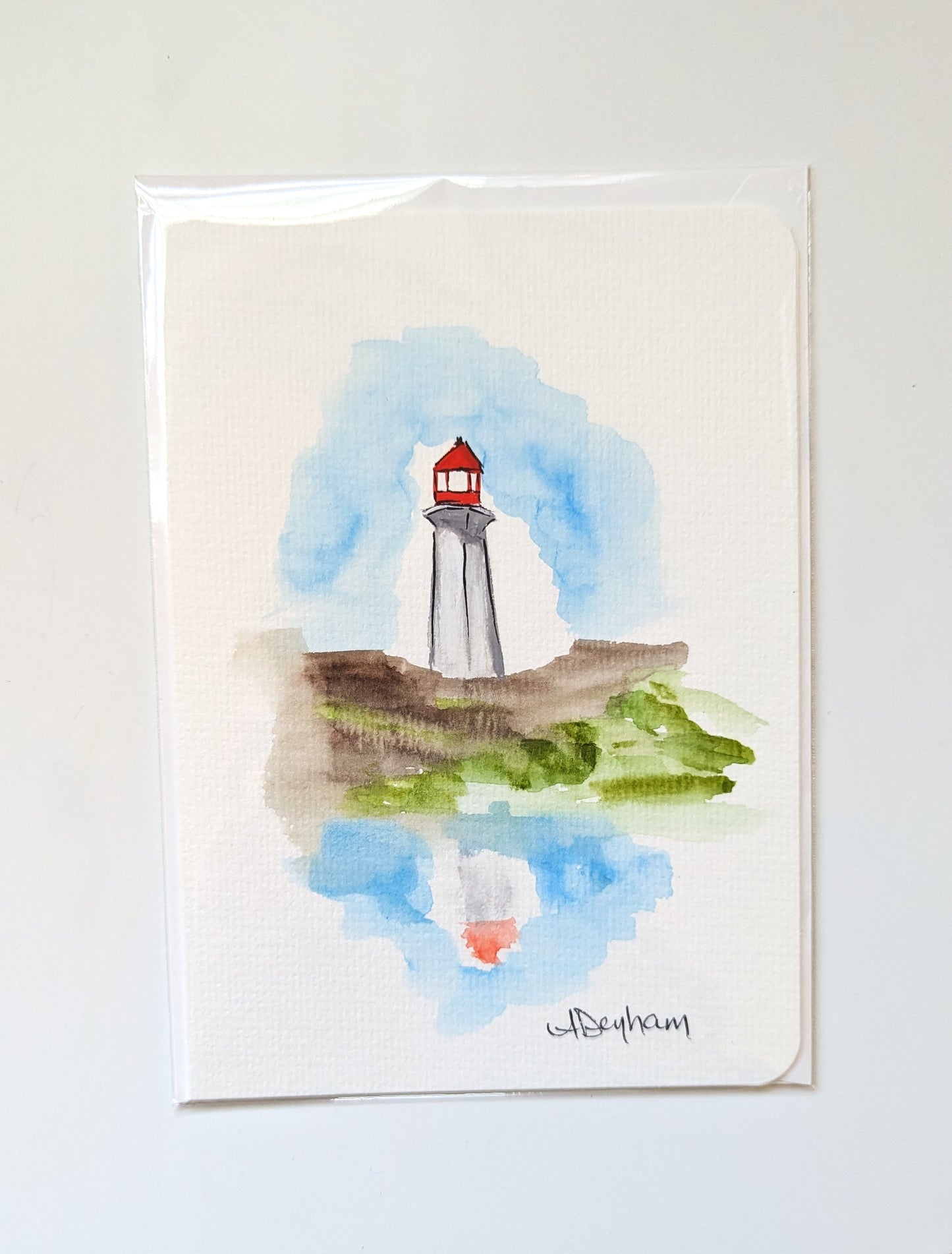 Greeting Card - Peggy's Cove Lighthouse Reflection, Hand-Painted Watercolor, Blank Inside