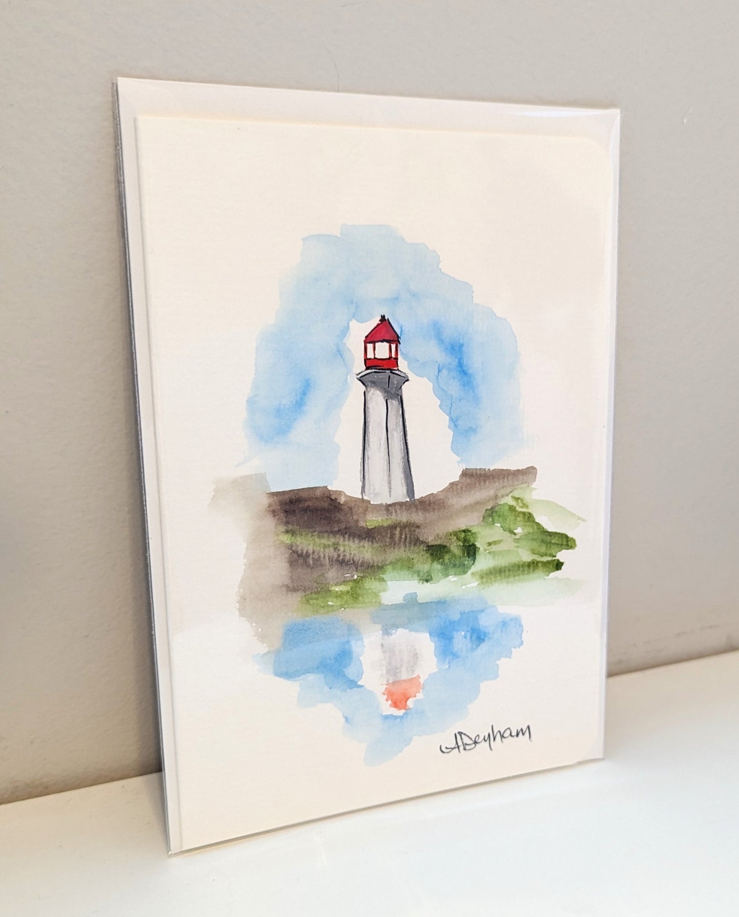 Greeting Card - Peggy's Cove Lighthouse Reflection, Hand-Painted Watercolor, Blank Inside