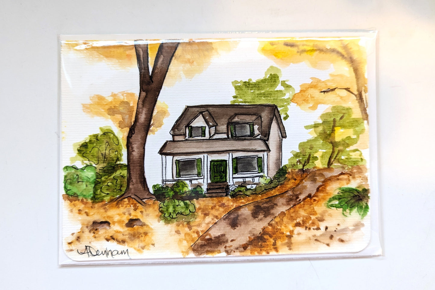 Greeting Card - Autumn House Watercolor Painting, Blank Inside