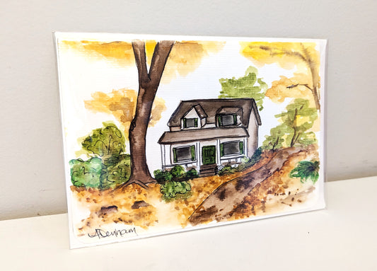 Greeting Card - Autumn House Watercolor Painting, Blank Inside