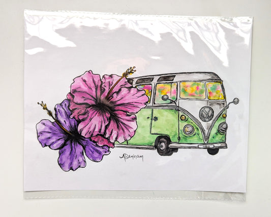 Watercolor - Tropical Flower VW Bus Watercolor Painting