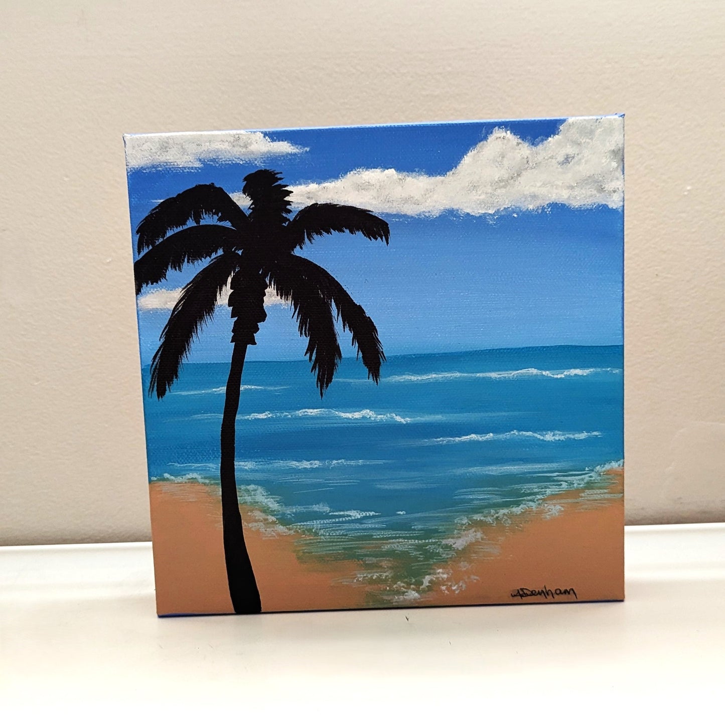 Summer to Remember Acrylic 8" by 8" beach palm tree silhouette painting