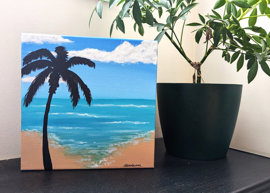 Summer to Remember Acrylic 8" by 8" beach palm tree silhouette painting