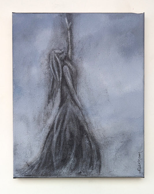 "Falling into the Night" Woman Reaching Charcoal Painting, Hand Drawn Woman, Somber Painting, Hopeful Drawing, Grey Scale Gothic Painting