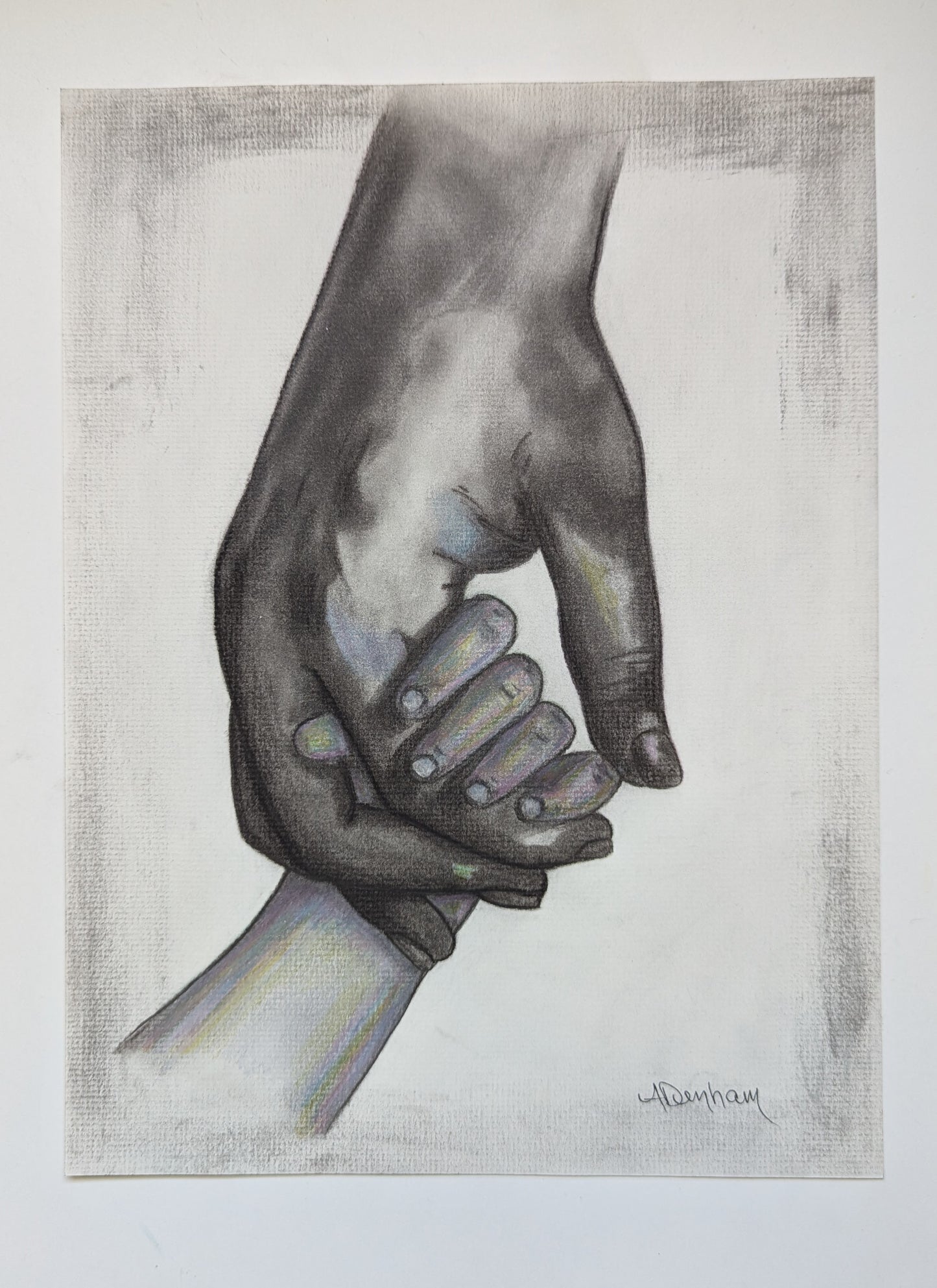 Parent and Child Holding Hard Original Charcoal Drawing