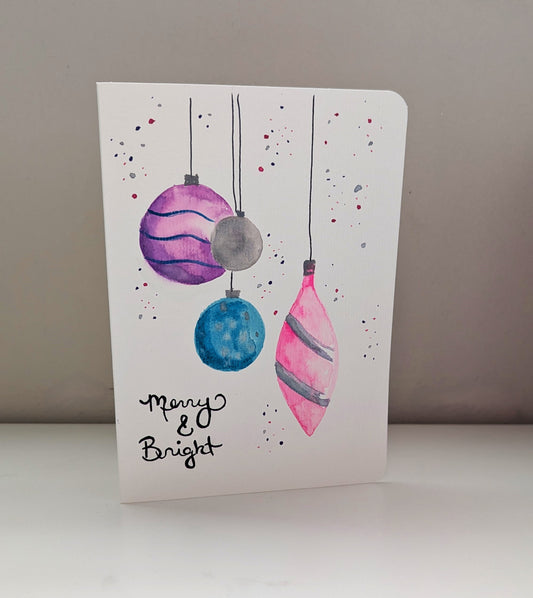 Greeting Card - 4 Hanging Ornament Retro Christmas Card, Pink, Blue, Purple, Vintage Holiday Card, Hand-Painted Watercolor, Blank Inside