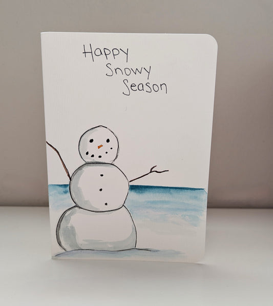 Christmas Card - Snowman Christmas Card, hand painted watercolor holiday greeting card, blank inside