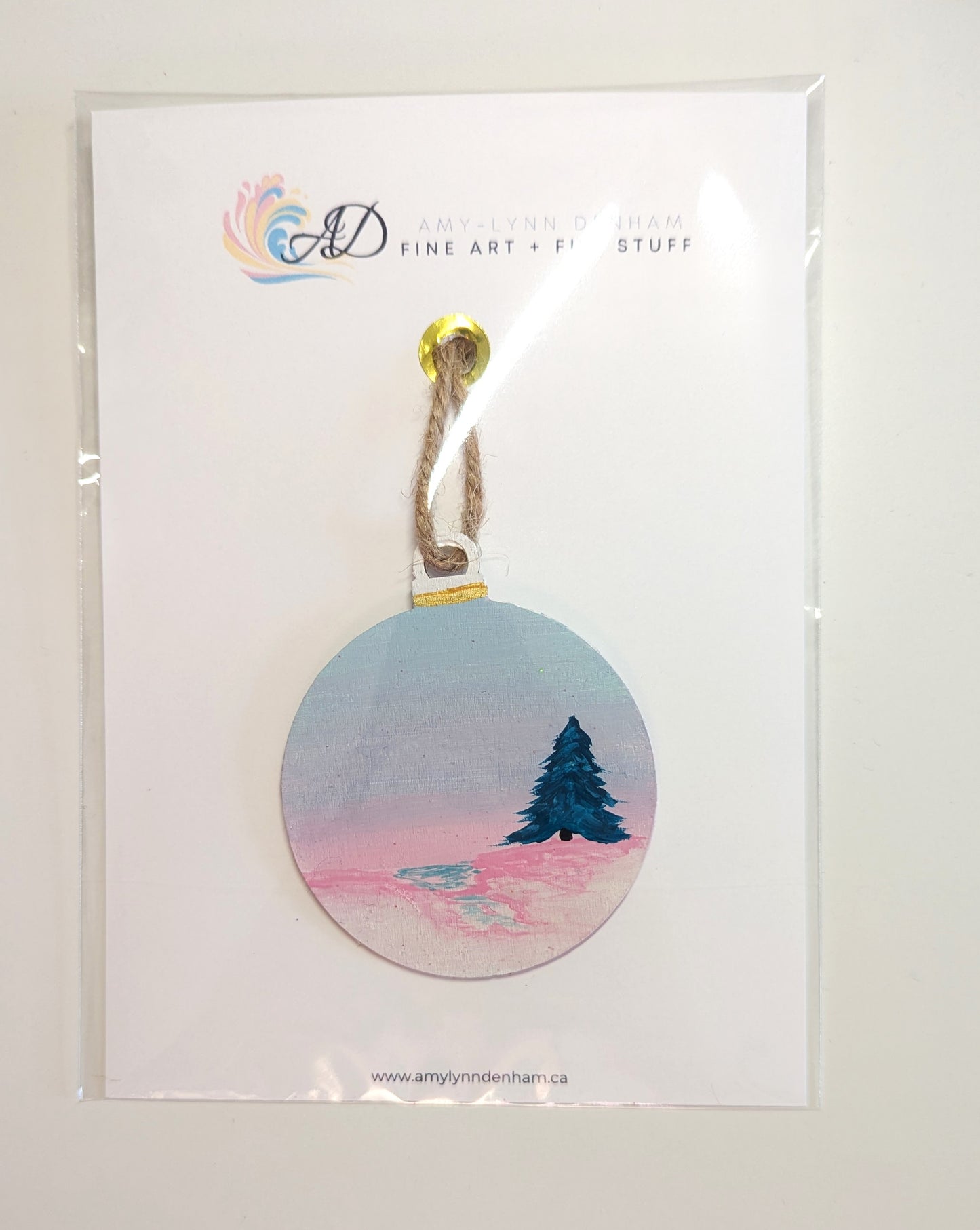 Pink and Blue Snowy Scene, Hand-Painted Christmas Ornament