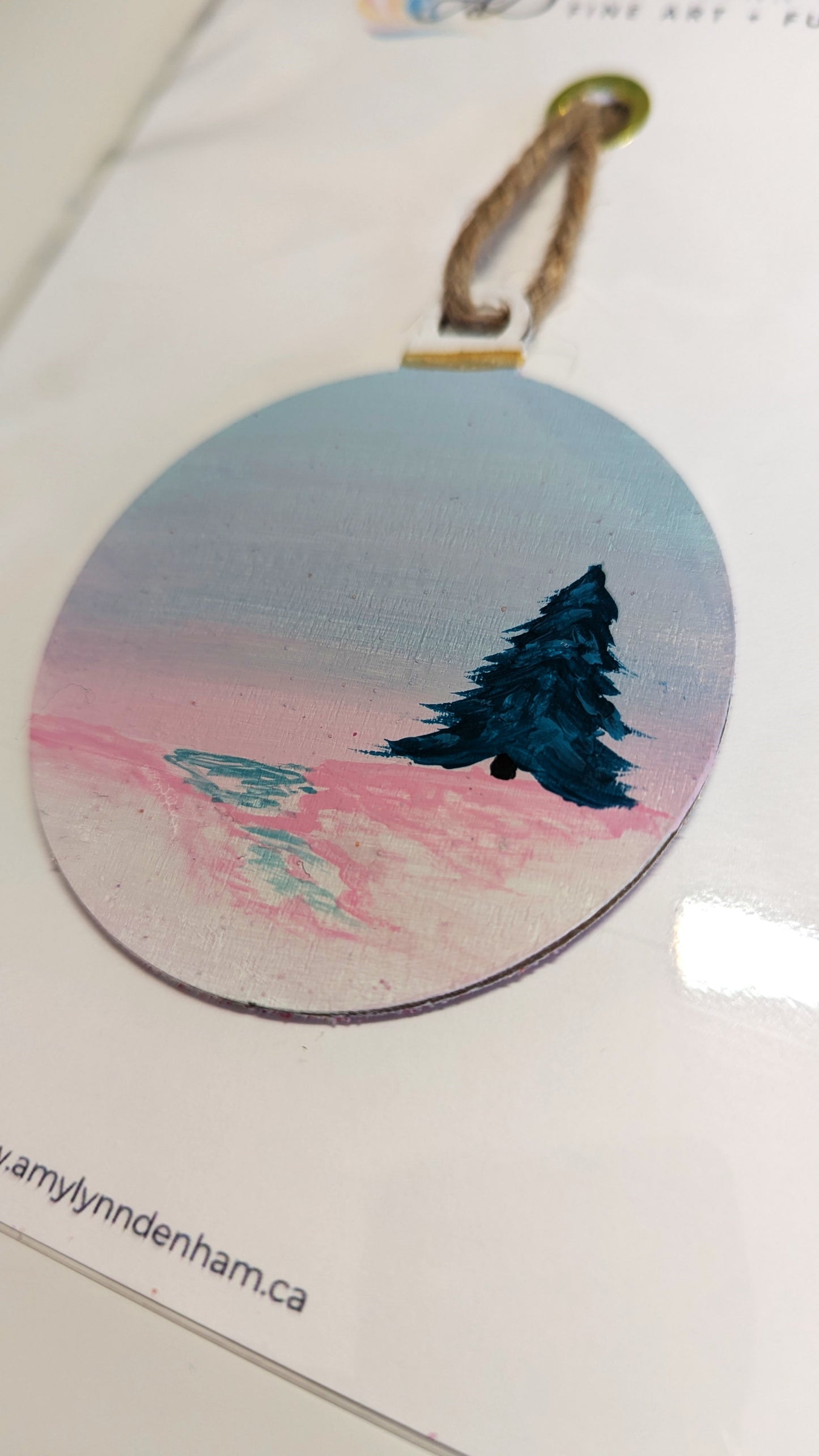 Pink and Blue Snowy Scene, Hand-Painted Christmas Ornament