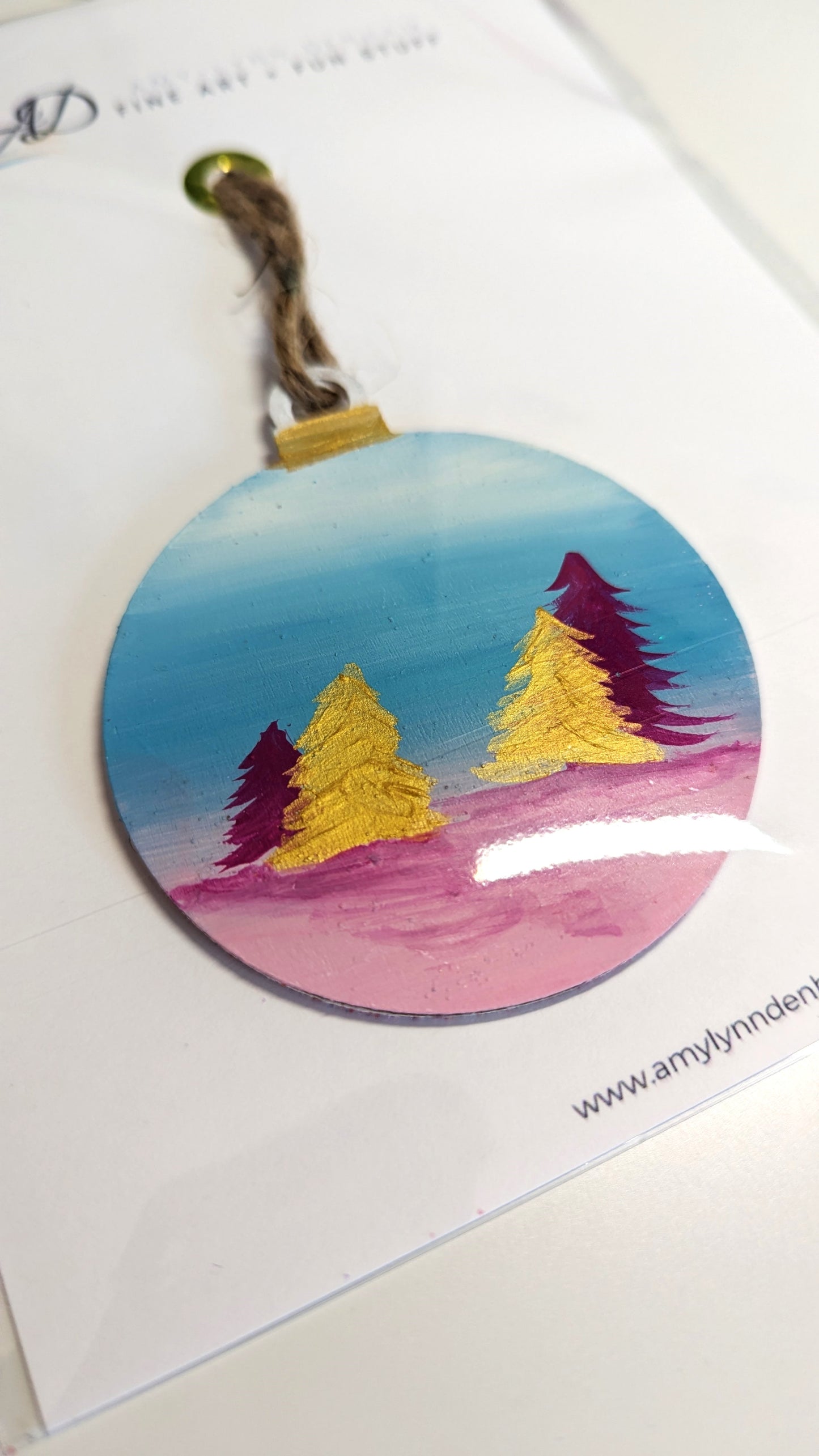 Pink and Gold Trees Retro Holiday Ornament, Hand Painted Wooden Bauble