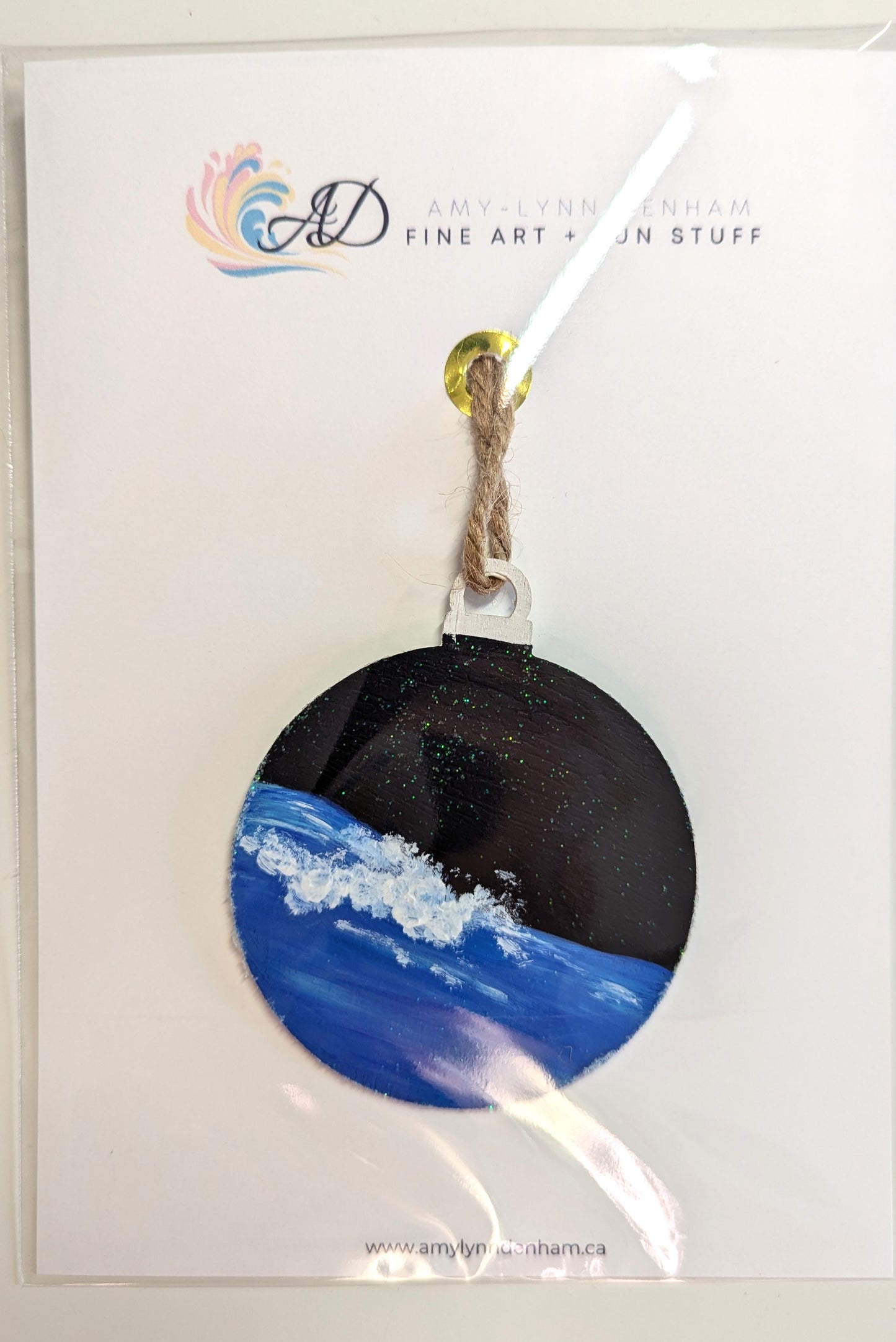 Gentle rolling wave, sparkly night sky hand-painted ornament